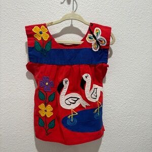 Vintage vibrant red top is a Mexican-style handmade embroidered 2T blouse